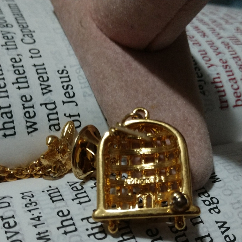 Vintage Designer Monet Chain Lapel Brooch/Pin Bird Cage with Bird on End  - Picture 3 of 11